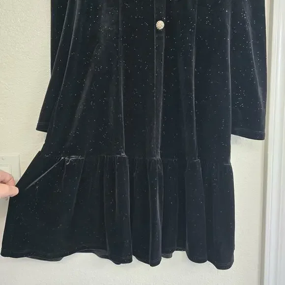 Black Velvet Mini Dress Button Front Long Sleeve Sparkle Holiday Party Cocktail - Picture 7 of 16